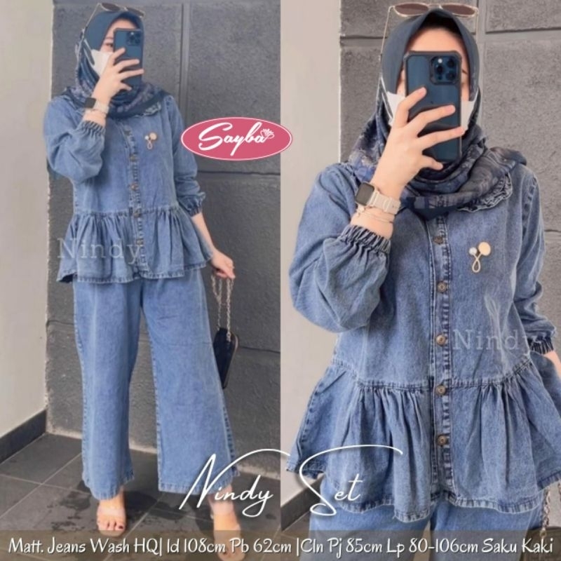 Nindy One Set Setelan Celana Kulot Blouse Jeans Snow Ld 108 Fit XL By Sayba