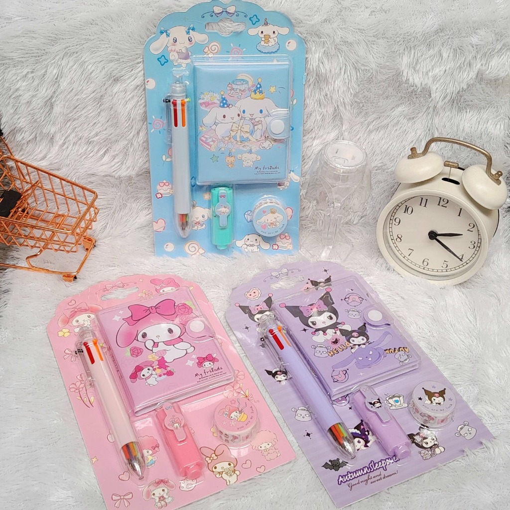 

Set Alat Tulis Sanrio 4 in 1 Kuromi Cinnamoroll Melody Super Cute Lengkap Harga Termurah / Paket Alat Tulis SANRIO 4in1 Pen Notebook Stabilo Washitape Bisa Grosir dan COD