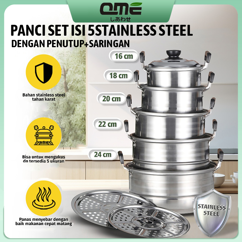 Panci Steamer Set 12 Inci Stainless Steel 5 Pcs dengan Kukusan