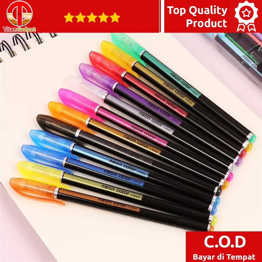 

Pena Pulpen Warna Gel Pen Glitter Neon Color 1.0 12 PCS - HG6107-12 Titangadget