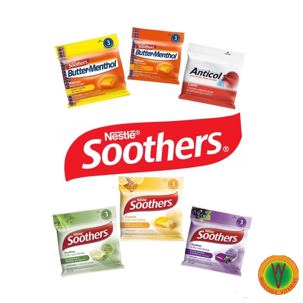 

Nestle Soothers Butter Menthol 3 x 10 Lozenges / Anticol / Butter Menthol Honey / Eucalyptus