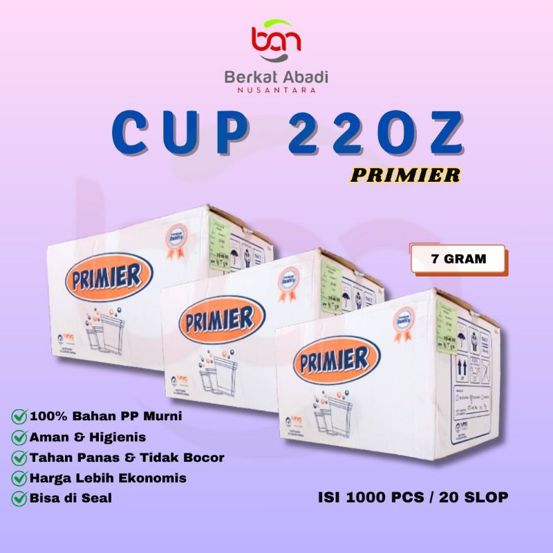 

DUS/ GELAS PLASTIK CUP MERK PRIMIER DATAR 7GR / ES TEH JUMBO 22OZ / ISI 50PCS PER SLOP