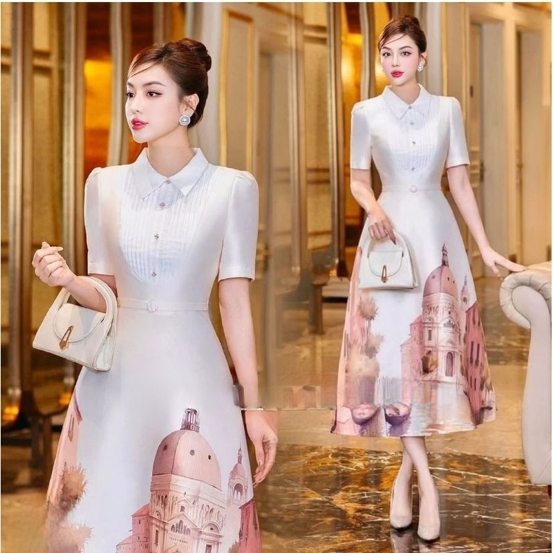 collar dress simple korean paris parisian europe midi flare skirt dress premium basic party event ac