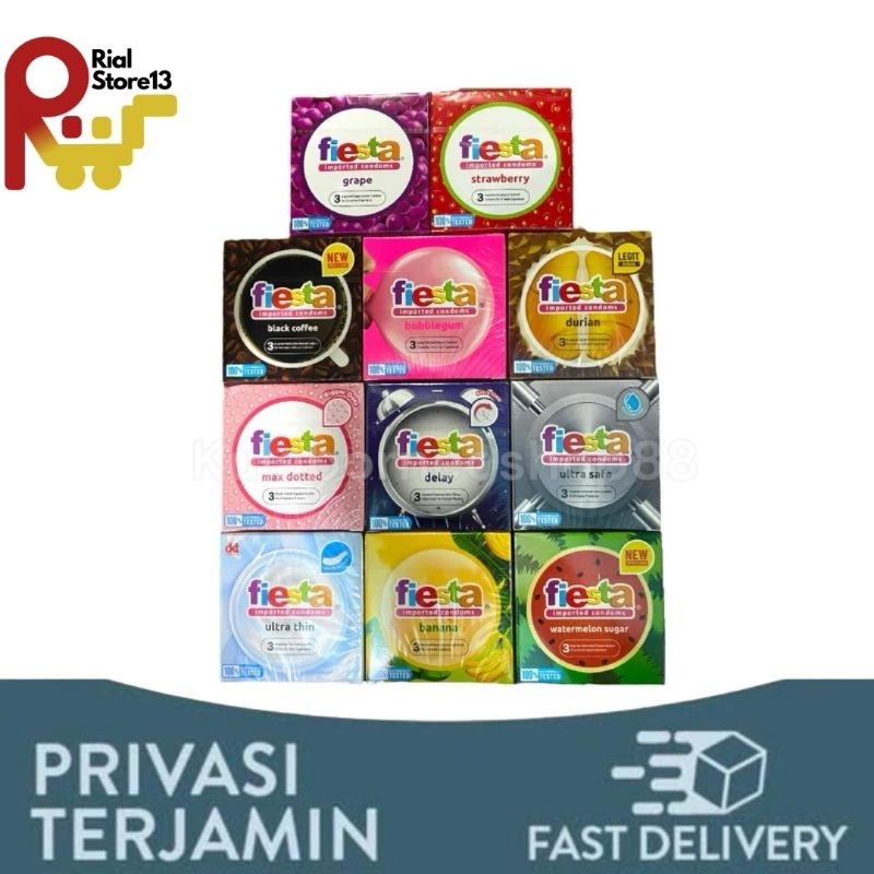 *PRIVASI AMAN* Kondom FIESTA Rasa Strawbery | Banana | Bubble Gum | Max Dotted | Delay | Ultra Thin 