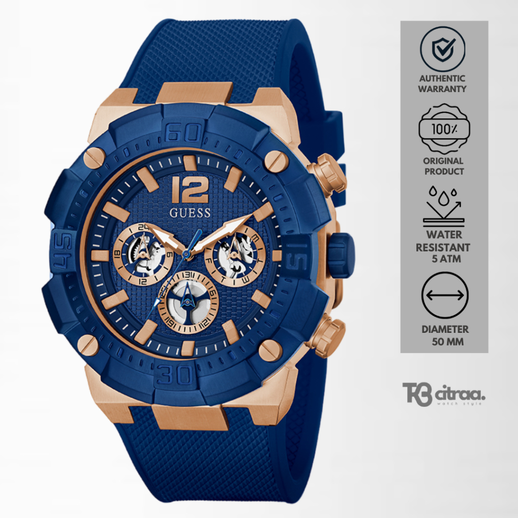 Jam Tangan Fashion Pria Guess Chronograph Day Date Water Resistant Luxury Watch Mewah Strap Blue Rub