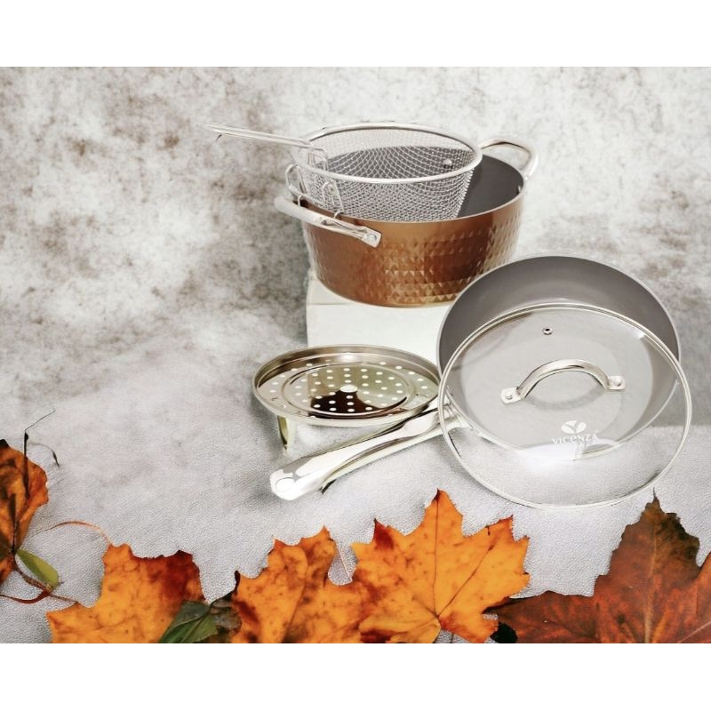 Paket peralatan masak bulat VICENZA V5491 warna Copper, set panci pengukus & penggorengan lapisan an