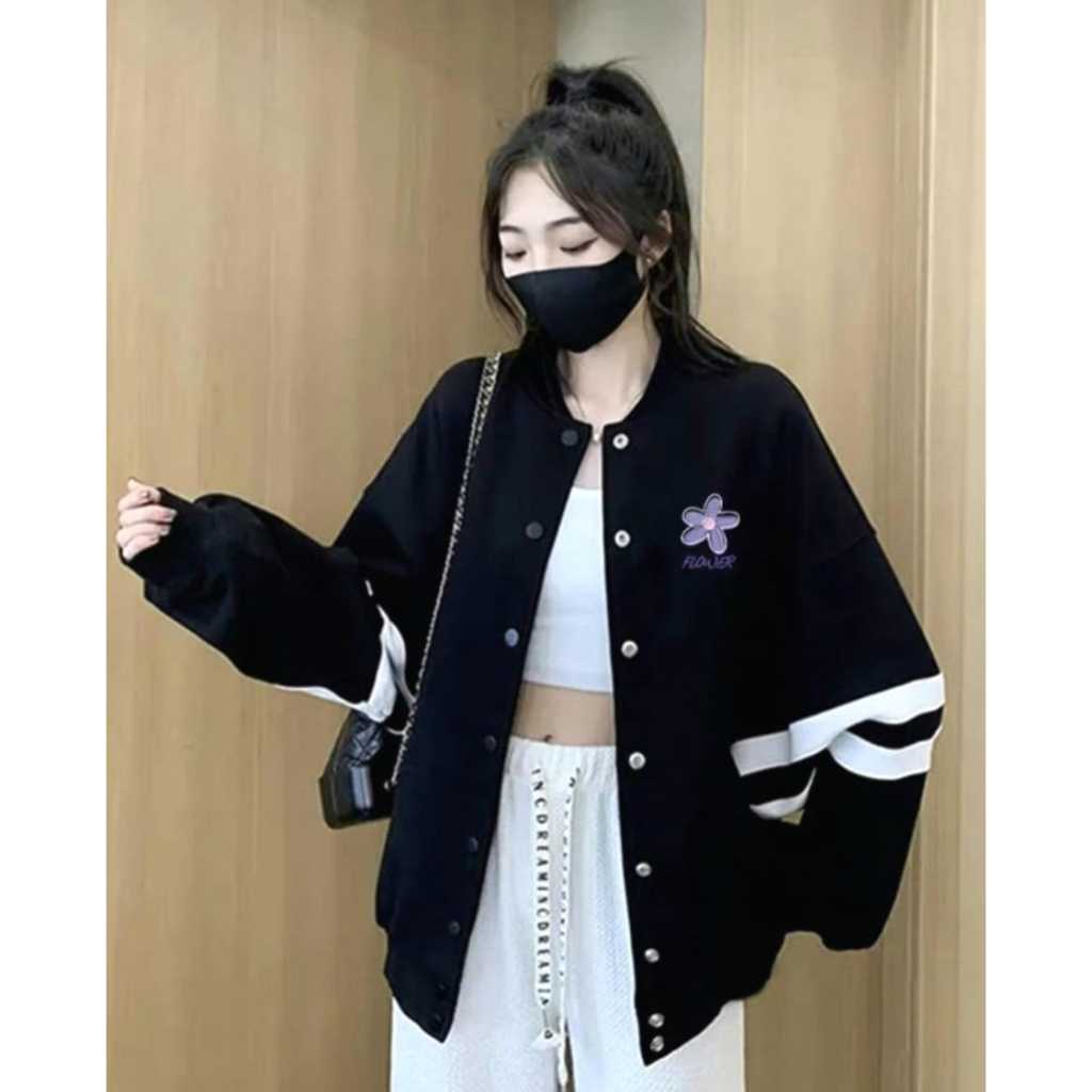 VARSITY JAKET OVERSIZE | FLOWER BASEBALL VARSITY WANITA | JAKET WANITA KOREAN