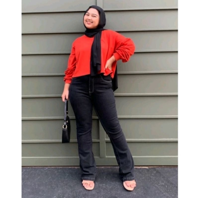 BIG SIZE Cutbray jeans jumbo strecth highwaist wanita