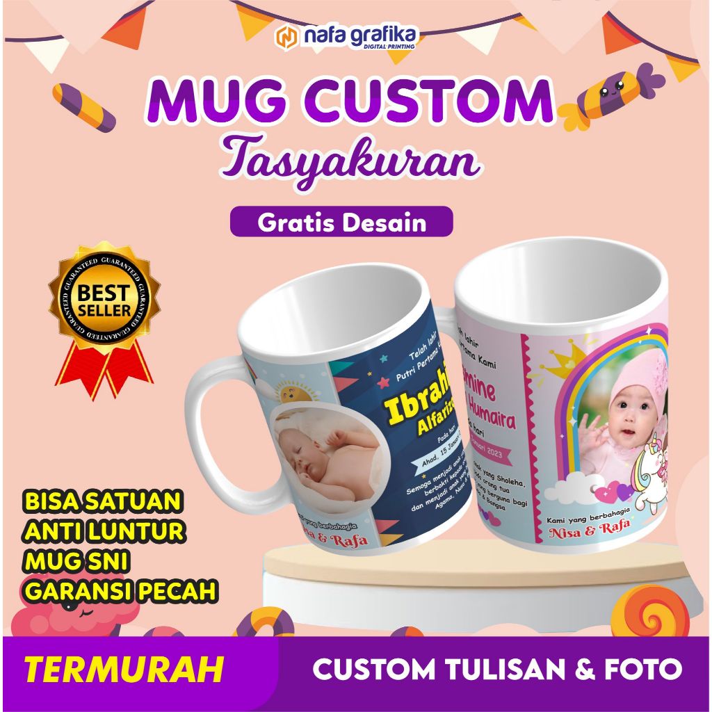 MUG CUSTOM SOUVENIR KADO HADIAH TASYAKURAN AQIQAH ANAK UNIK MURAH LUCU CUSTOM FOTO GELAS CANGKIR