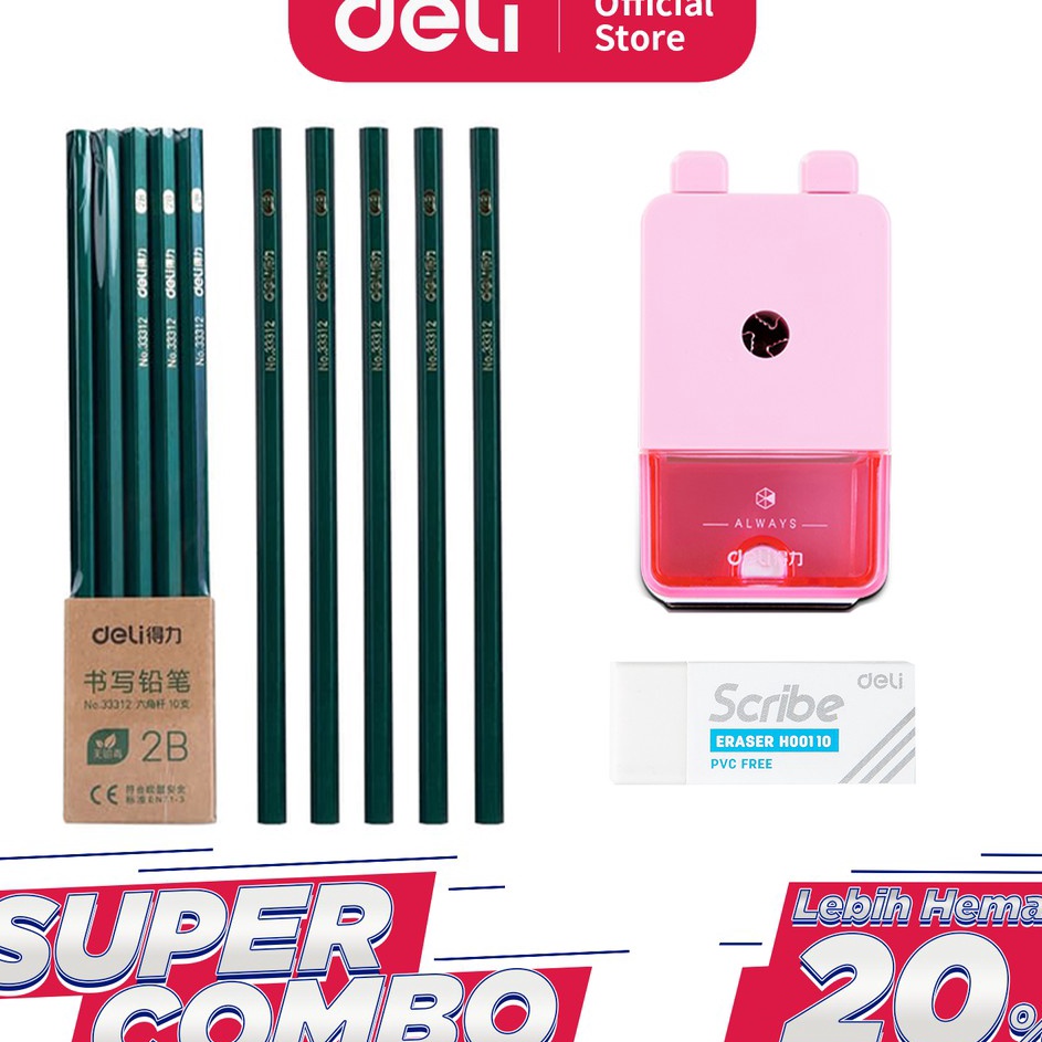 

NEW Deli Combo Set 2 1pcs Pensil 2B 3pcs Penghapus Rautan Putar