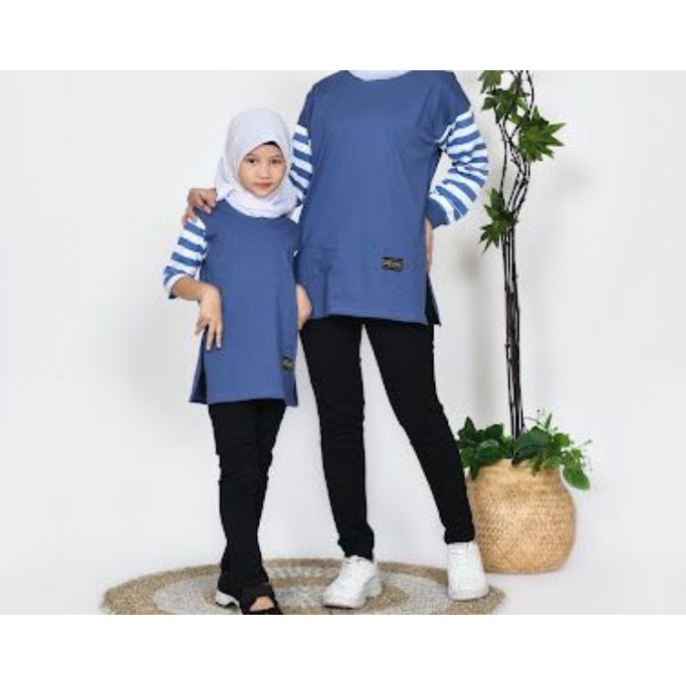 Readystock BAJU COUPLE IBU DAN ANAK KAOS TSHIRT HIGH SLIT MOTIF SALUR BAJU ATASAN WANITA PREMIUM