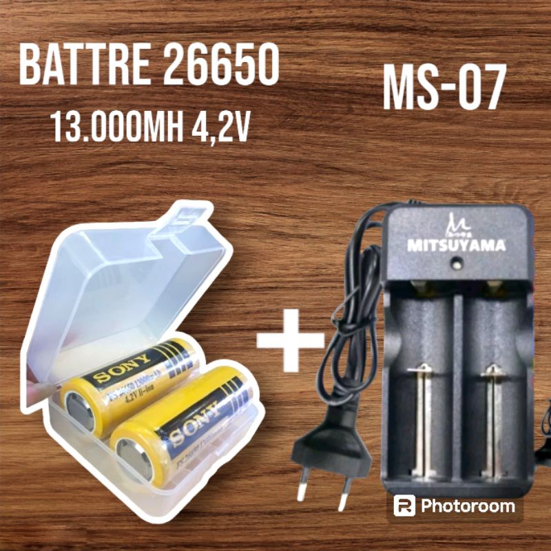 Battre Li-on 26650 13.000mAh 4,2v+chargeran mitsuyama-07 kabel 2slot universal