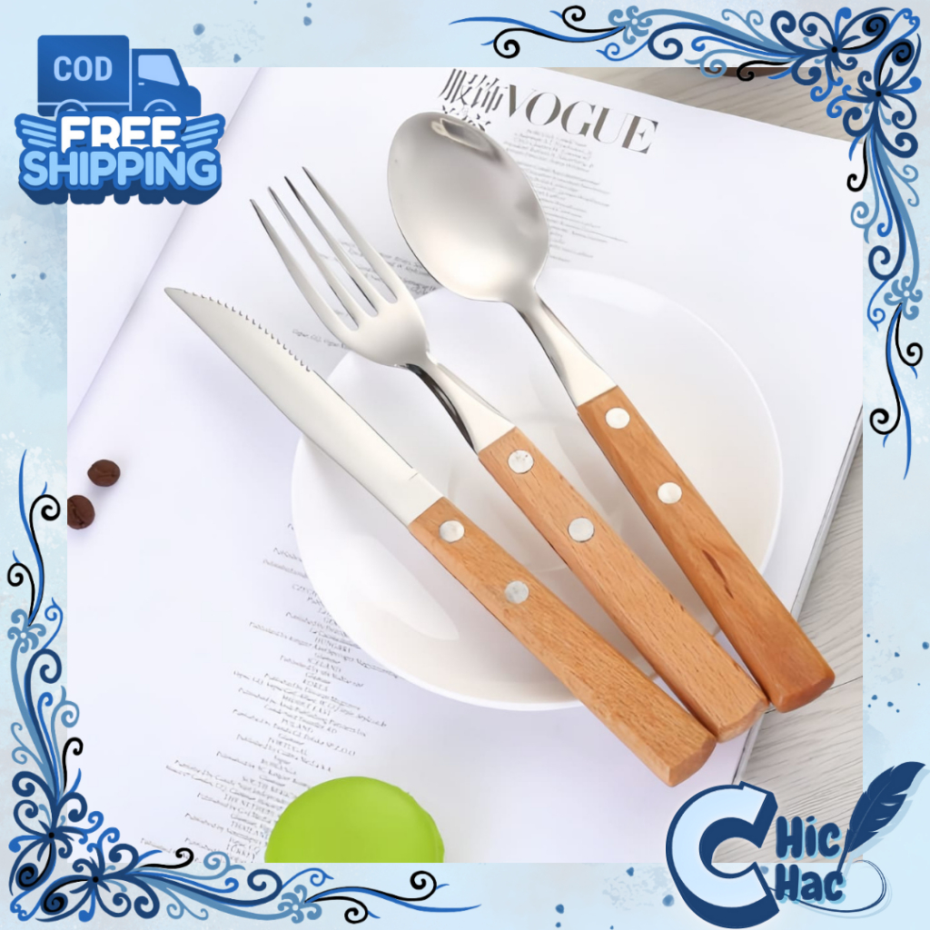 Set Sendok Pisau Garpu Steak / Sendok Pisau Garpu Murah / Sendok Garpu Set Stainless Kayu Korea