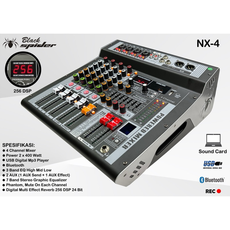 MIXER BLACK SPIDER NX4 MIXER 4 CHANNEL NX 4 EFFECT 256DSP