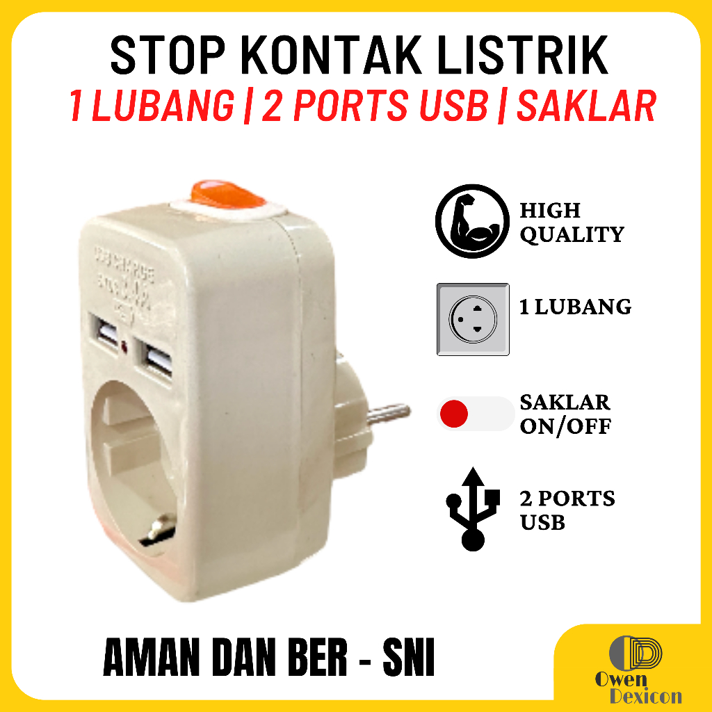 STOP KONTAK + USB / COLOKAN LISTRIK DENGAN SAKLAR ON/OFF STEKER SWITCH ON OFF DEXICON SNI