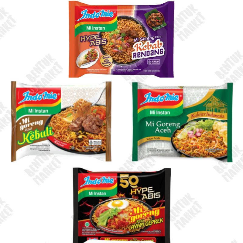 

INDOMIE Goreng Aceh / Indomie Goreng Kebab Rendang / Indomie Goreng Ayam Geprek / Indomie Goreng Rasa Kebuli / Mie Instan / Mie Goreng