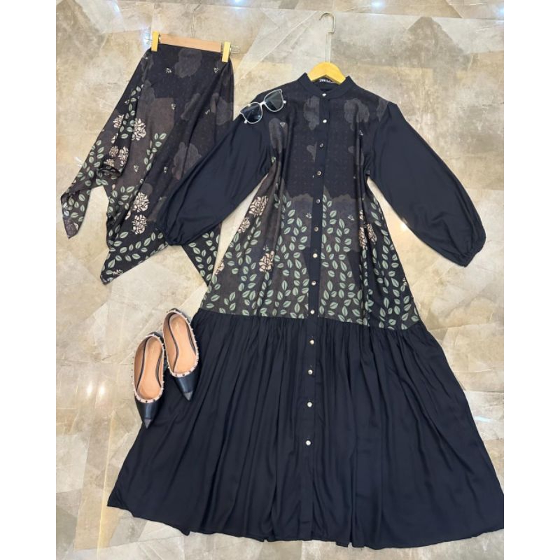 Gamis Set Hijab Zara Kombinasi Polos & Motif bunga