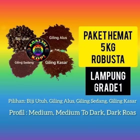 

Kopi Robusta Lampung Grade1 Paket 5 Kg Termurah Kopi Biji/Kopi Bubuk/Kopi Giling/Kopi Sangrai Medium Roast, Medium To Dark Roast/Dark Roast.