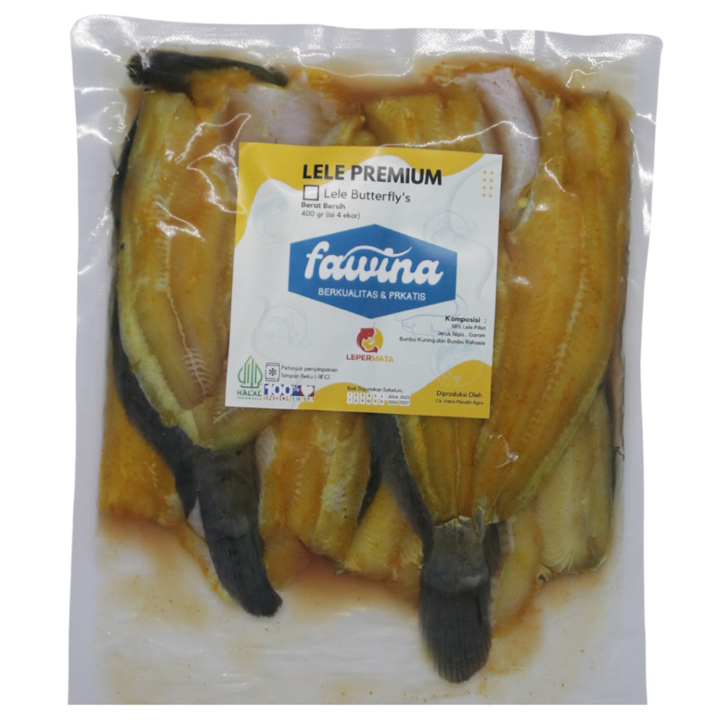 

FAWINA Frozen food Lele Fillet Tanpa Tulang Tanpa Kepala (Butterfly) dengan Bumbu Kuning