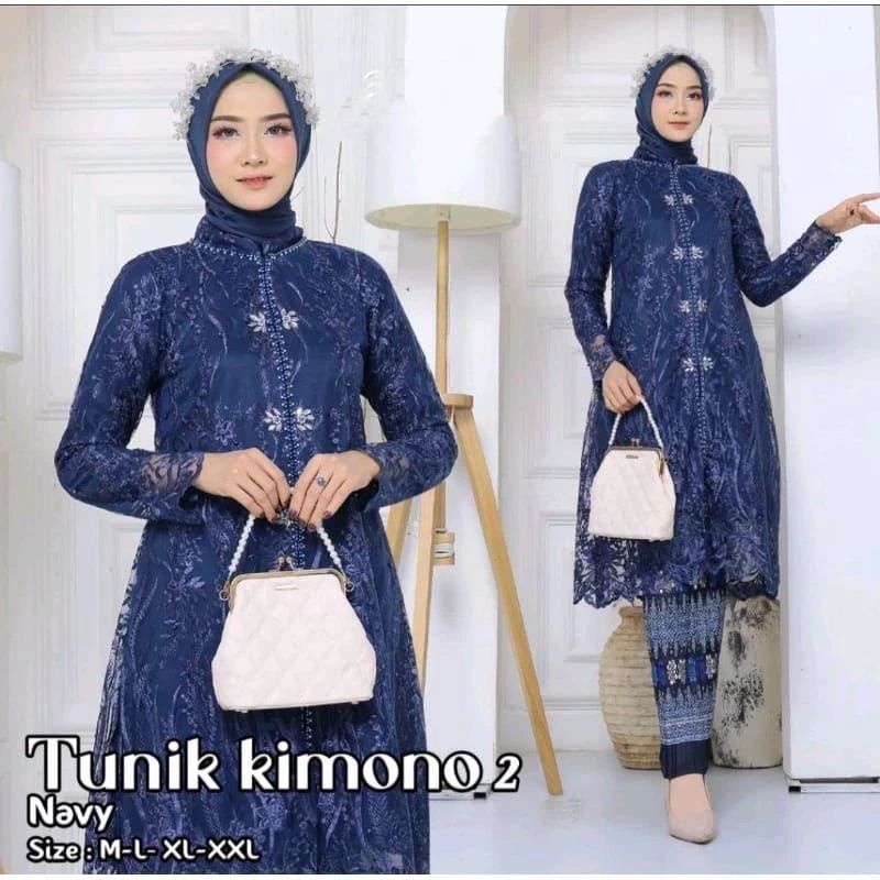 Set Kebaya Tunik Kimono/Tunik Brokat/Baju Kurung Brokat Busui/Resleting Depan Payet