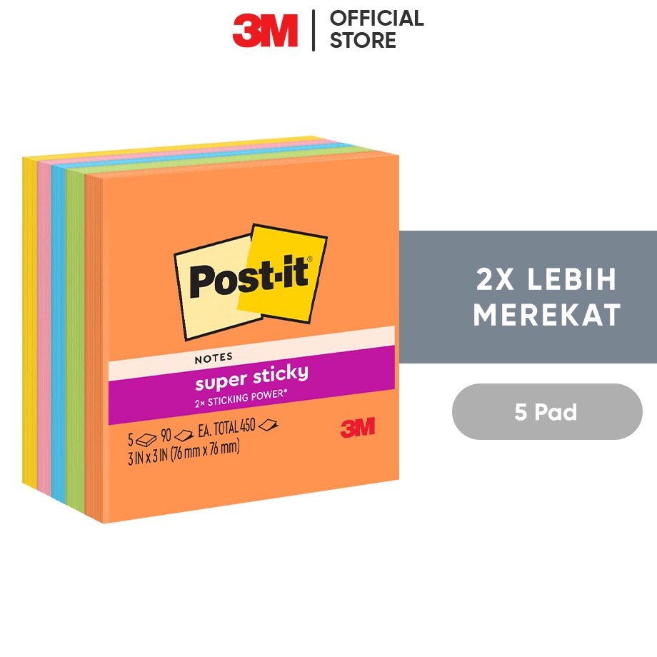 

3M Postit Super Sticky Notes 6545SSAU 2x Lebih merekat 5 pad 76x76 mm Untuk berbgai permukan kes