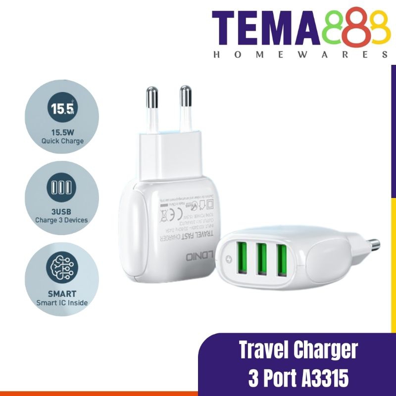 LDNIO A3315 Travel Charger 3 Port USB + Kabel Data 1 Meter