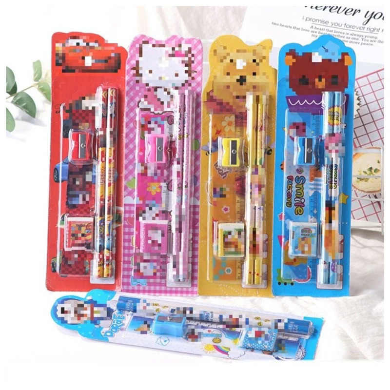 

RD Stationery Set 5 in 1 Alat Tulis Anak Sekolah Penghapus penggaris Pensil Serutan Karakter Lucu