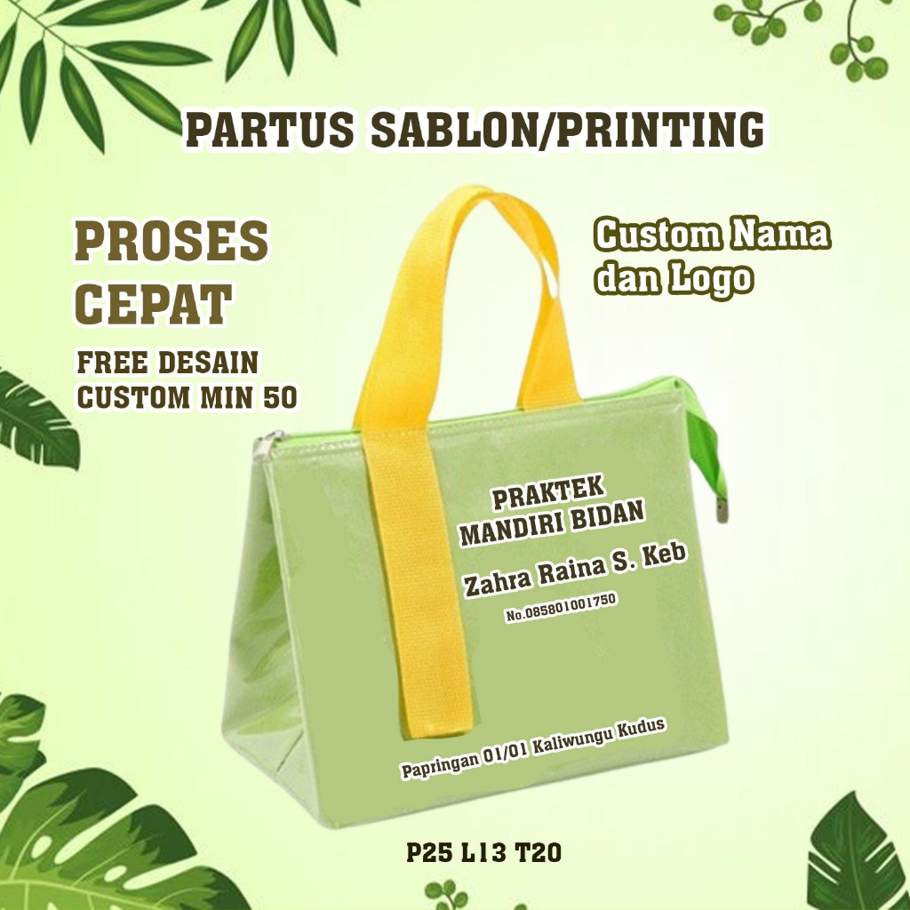 

Souvenir Custom Tas Partus Persalinan Bidan / Puskesmas / Klinik / Rumah Sakit MODEL TAS/ SABLON/ PRINTING