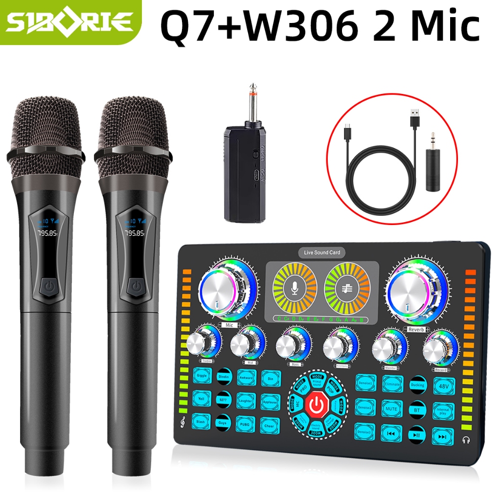 Siborie【COD】Q7 Soundcard+ W306 Two Wireless microphone Mikrofon soundcard 2 mic SET Streaming Langsu