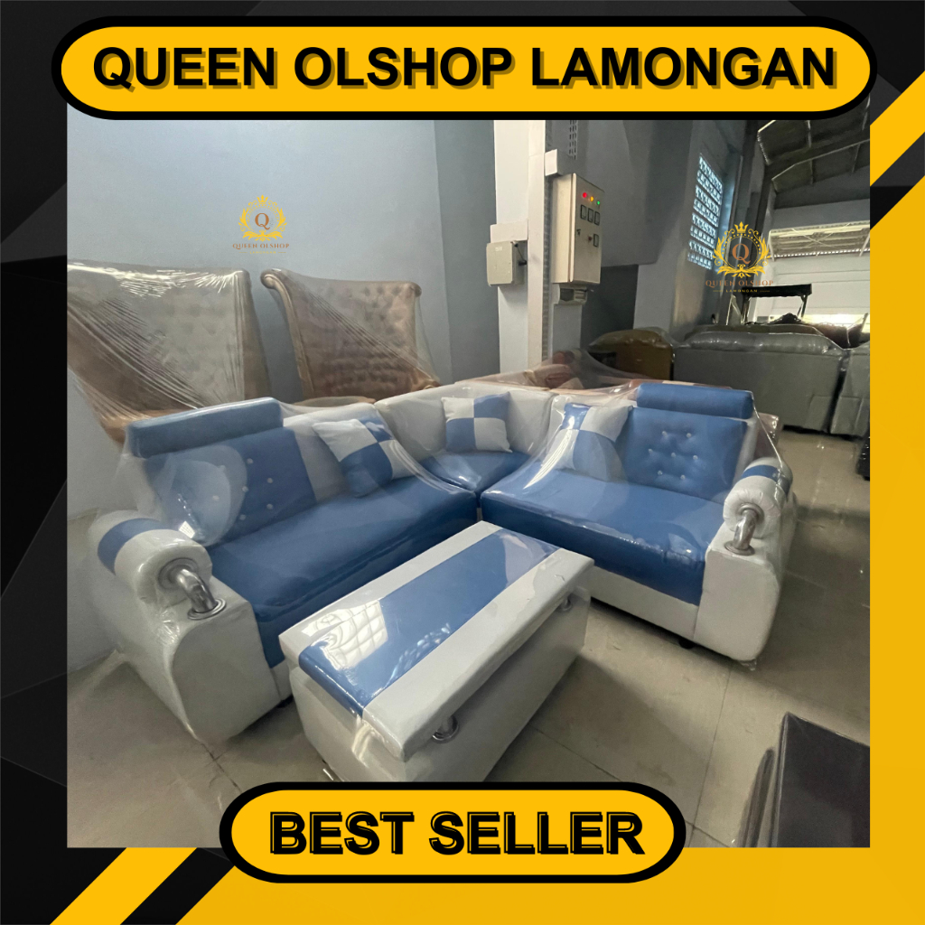 Satu Set Sofa Ebo Sudut Putih Biru [LAMONGAN]
