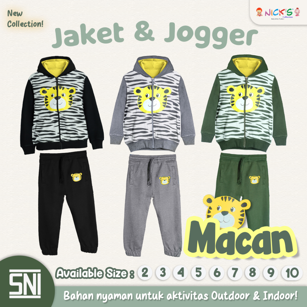 JAKET ZIPPER DAN CELANA JOGER ANAK MOTIF MACAN 1 SET