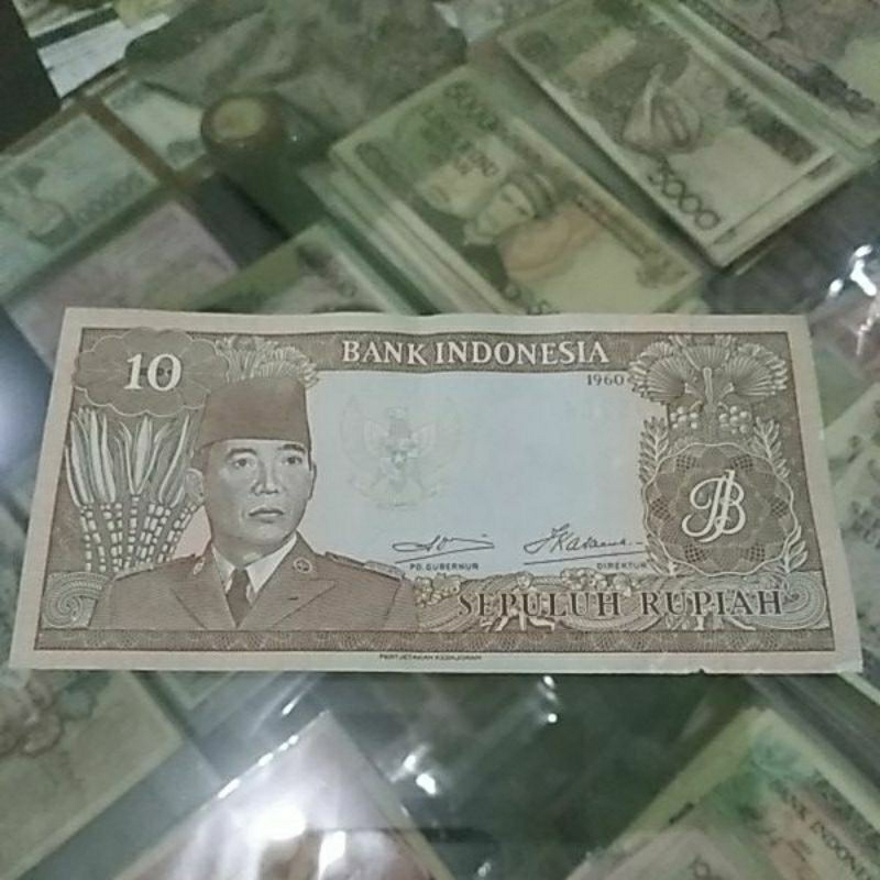 uang kuno indonesia 10 rupiah soekarno 1960 asli bekas edar