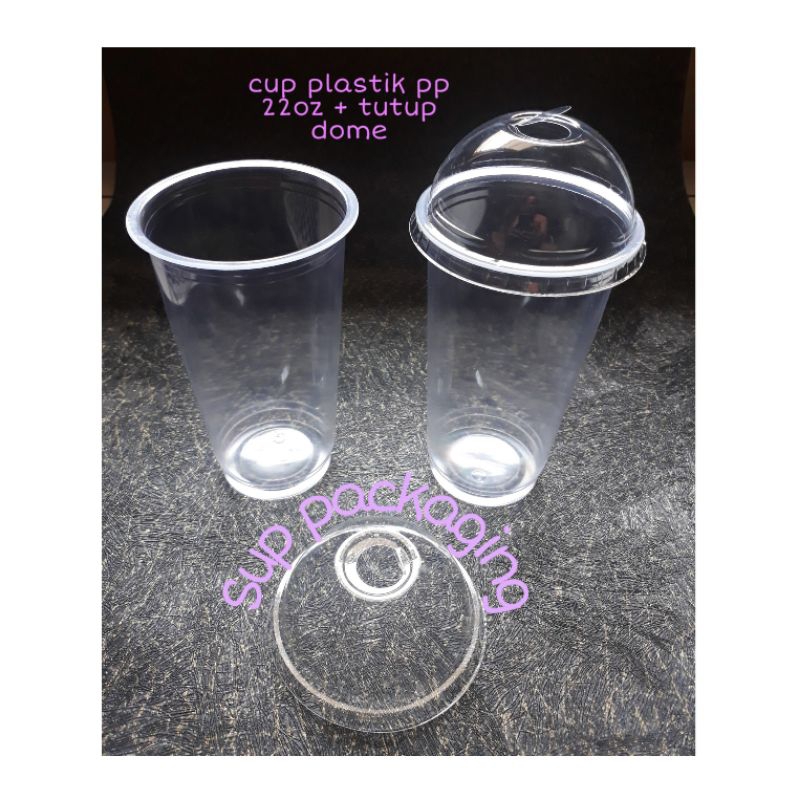 Gelas plastik pp uk 22oz + tutup datar / Cup pp. 22oz + lid Dome polycup
