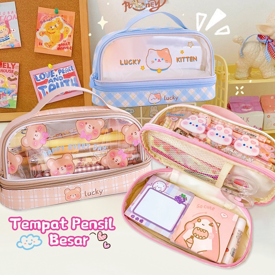 Grosir Poney Tempat pensil anak besar pen case karakter Kotak pensil transparan
