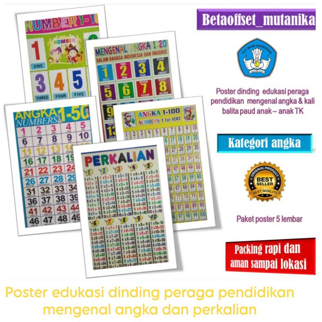 Poster dinding paket pendidikan belajar angka dan perkalian anak tk