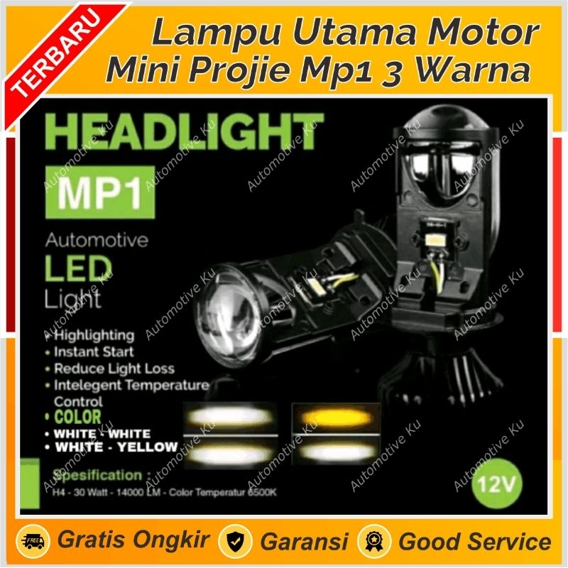LAMPU MOBIL LED MINI PROJI LENS H4 LUMINOS NINE 3 WARNA SINAR CUTOFF HEADLIGHT