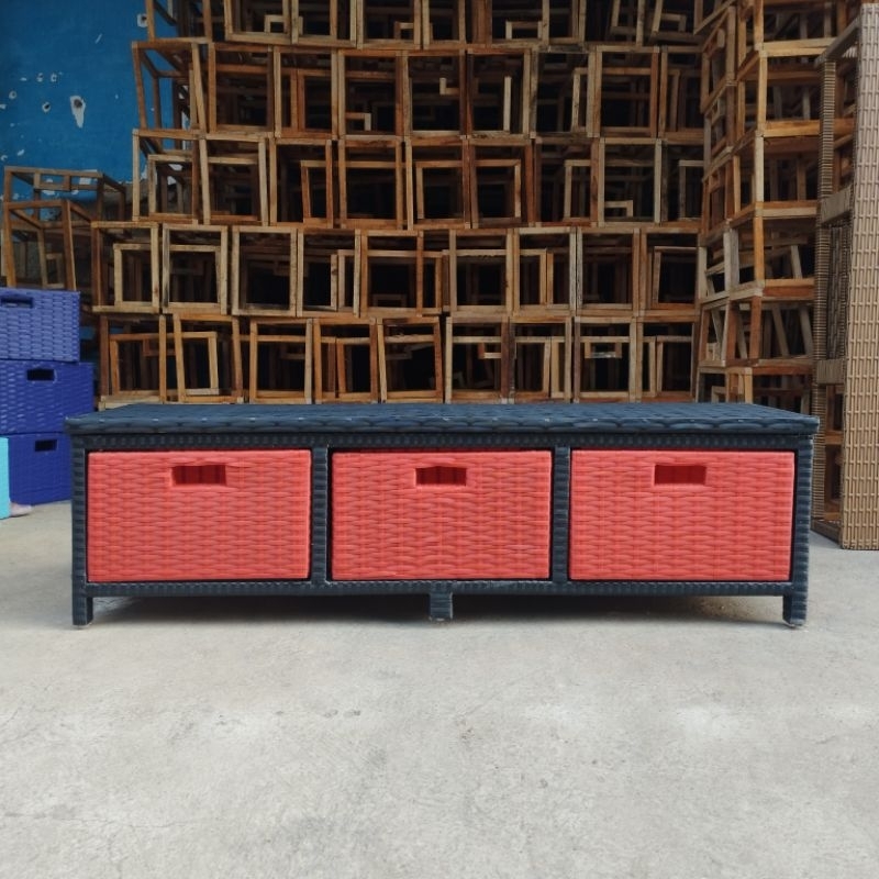 {Ready Stock} Lemari TV 3 Laci Rotan Sintetis Meja TV Rotan Sintetis Termurah Serbaguna
