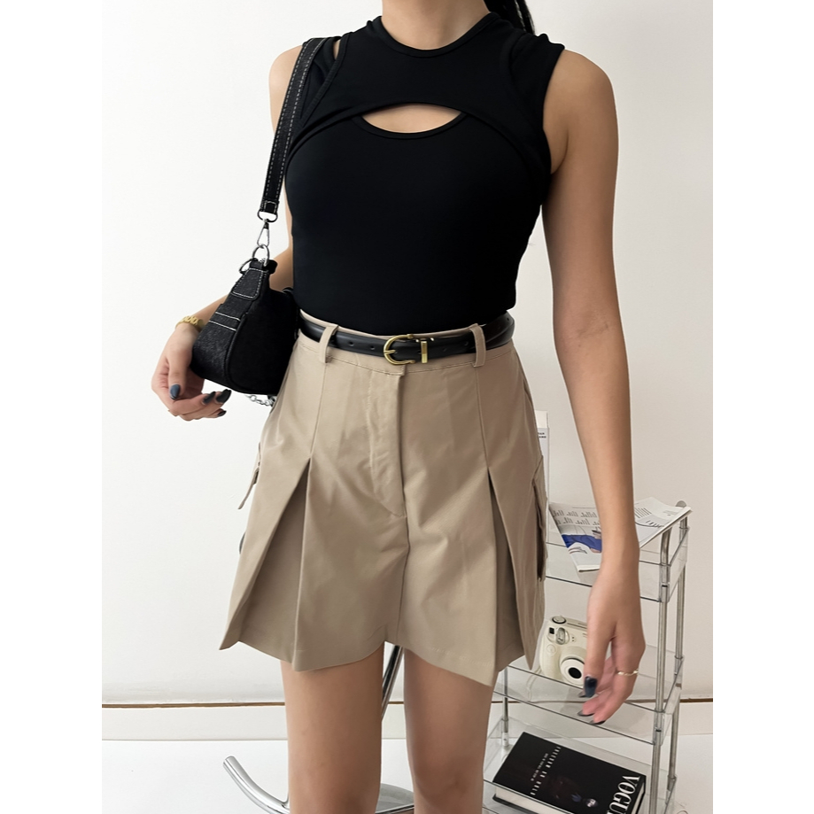 Mine Co Rok Celana Pendek Kantong Pinggang Karet Twill Stretch Cargo ootd wanita korea hitam cream a