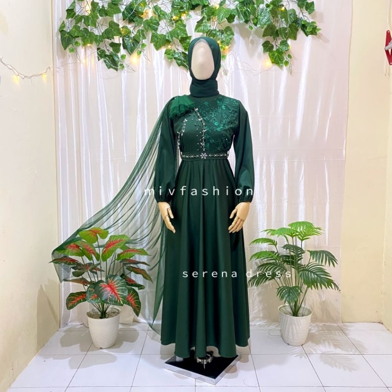 serena dress gaun cantik mewah elegan gaun kekinian gaun formal gaun pesta hijau botol jotol emerald