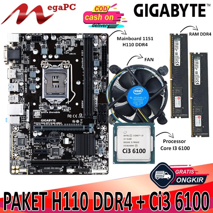 Paket Motherboard Mobo LGA 1151 H110 DDR4 + Core i3 6100 + FAN + RAM