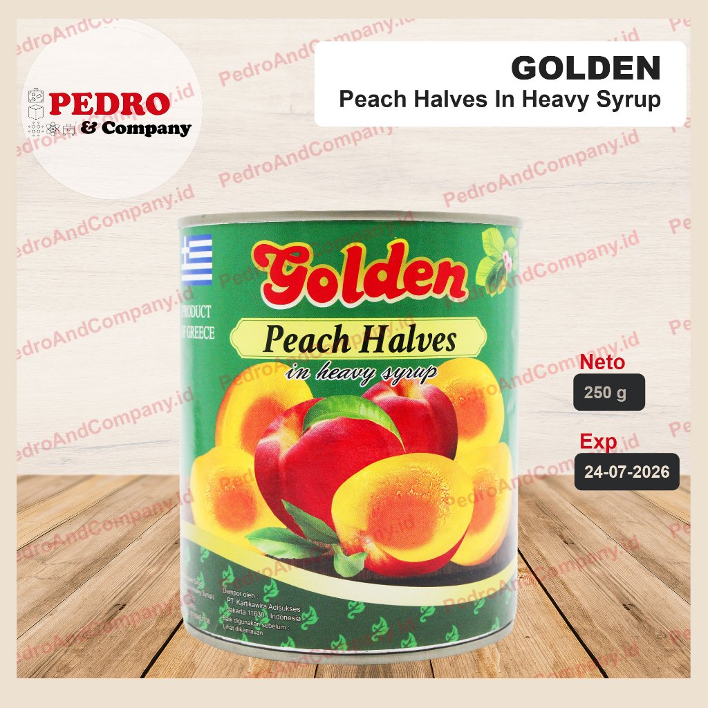 

Golden peach halves in heavy syrup 820 gram - buah kaleng sirup