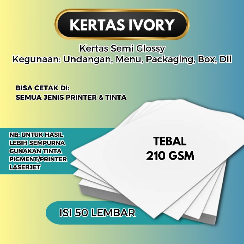 

Kertas Ivory 210 Gsm A4 isi 50 lembar / Kertas Ivory tebal 200 gram F4 isi 50