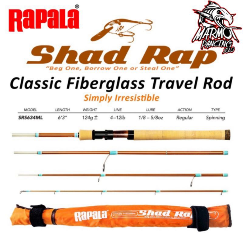 JORAN BC & SPINNING RAPALA SHAD RAP CLASIC FIBERGLASS TRAVEL ROD