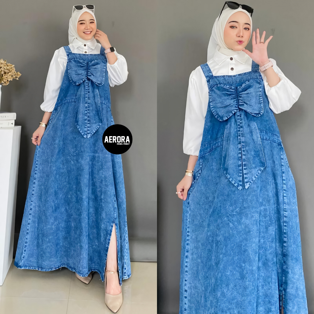 Aerora Baju Kodok Kupu Jody Pita Overall Rok Panjang Dress Jeans Import Wanita Terbaru 2025 Muslim