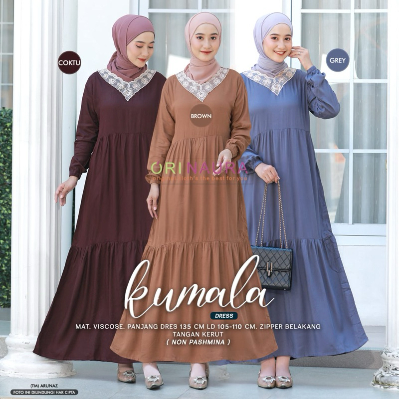 Kumala Dress Fashion Muslim Wanita Gamis Muslim Polos kekinian Mewah Original Produk by Ori Naura