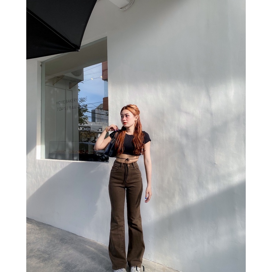 COD Kezia Cutbray Pants Coklat Tua  Highwaist Jeans Cutbray