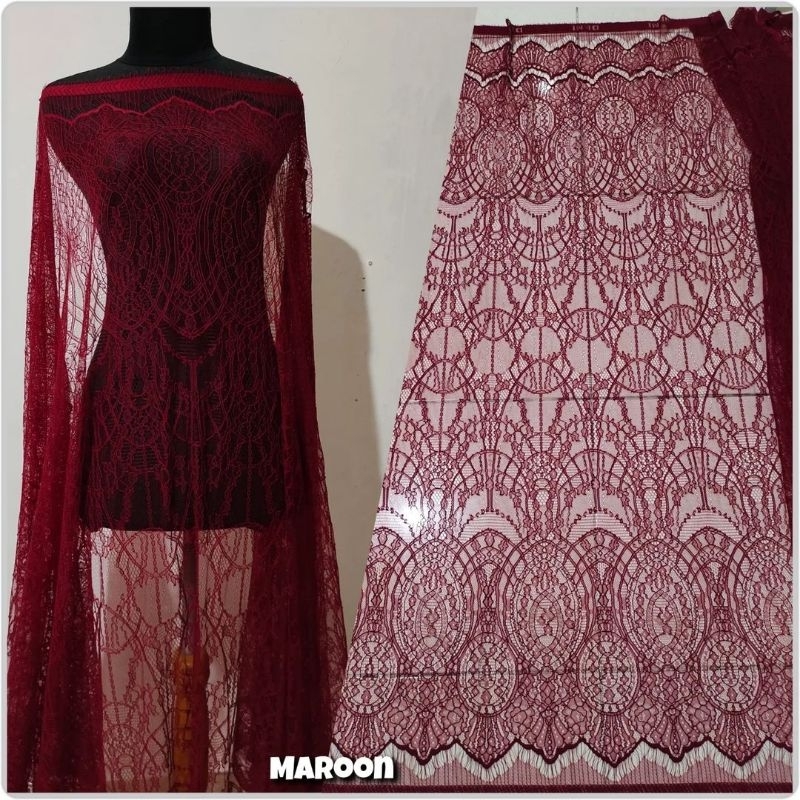 Kain Brokat Chantilly Lace Panel Warna Maroon chantily Marun