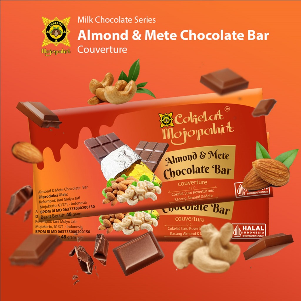 

COKELAT MOJOPAHIT I MILK CHOCOLATE SERIES 48 GR I ALMOND & METE CHOCOLATE BAR COUVERTURE