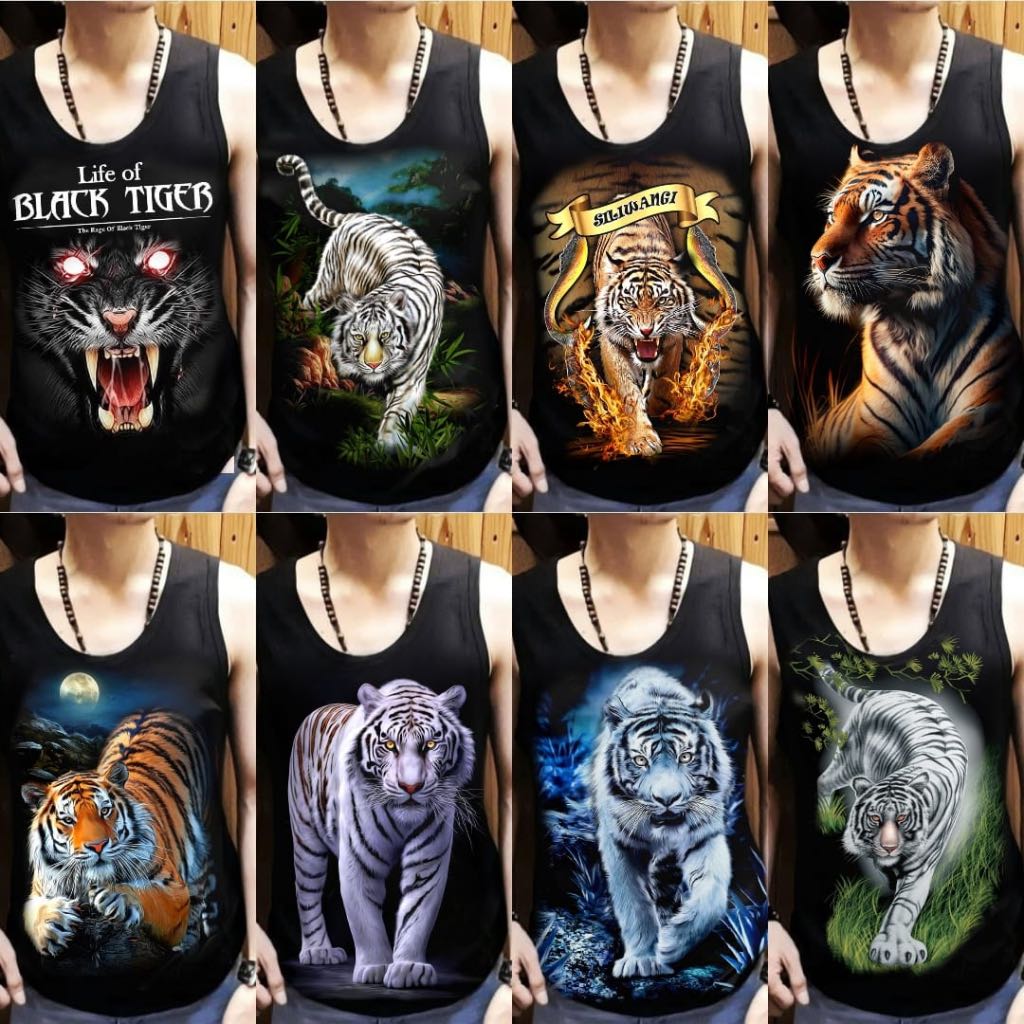 Kaos tanpa lengan Singlet Lekbong pria Khusus Putih Motif Macan Gold