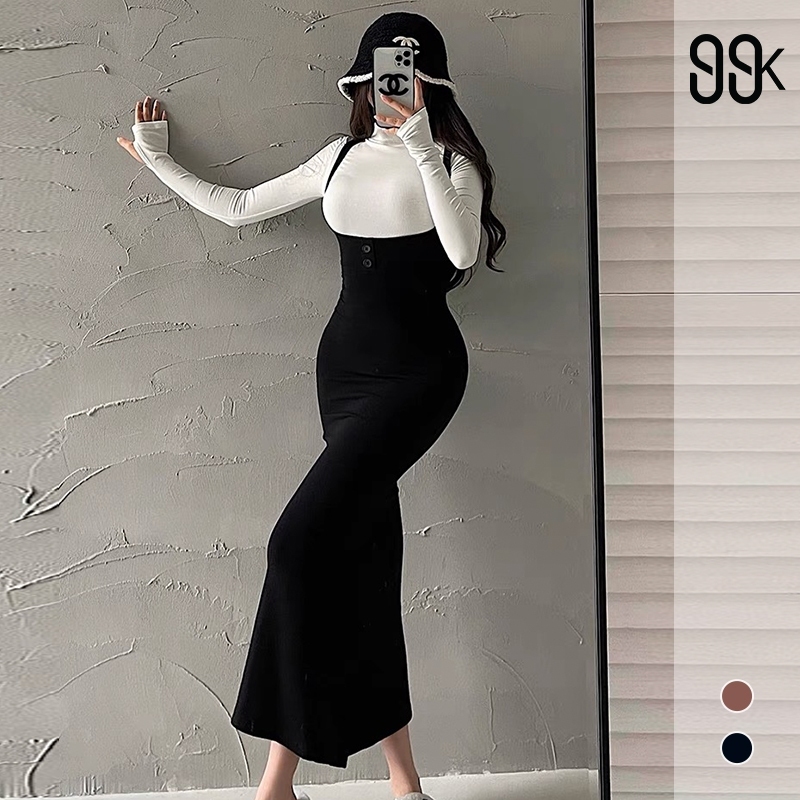 One Set Turtle Neck Long Sleeve Top + Strap Midi Dress 1570 (S/M/L/XL)